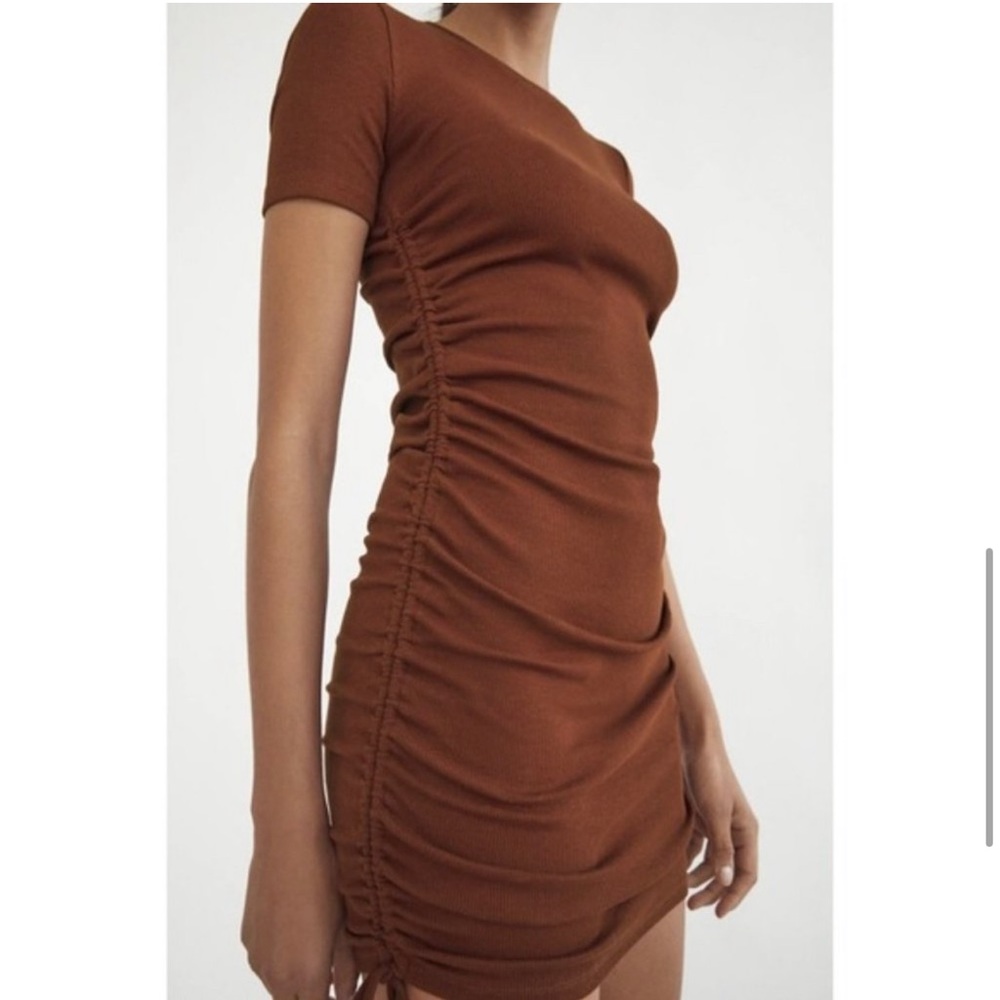 ZARA Ribbed Ruched Side String Short Sleeve Mini Dress Sz L